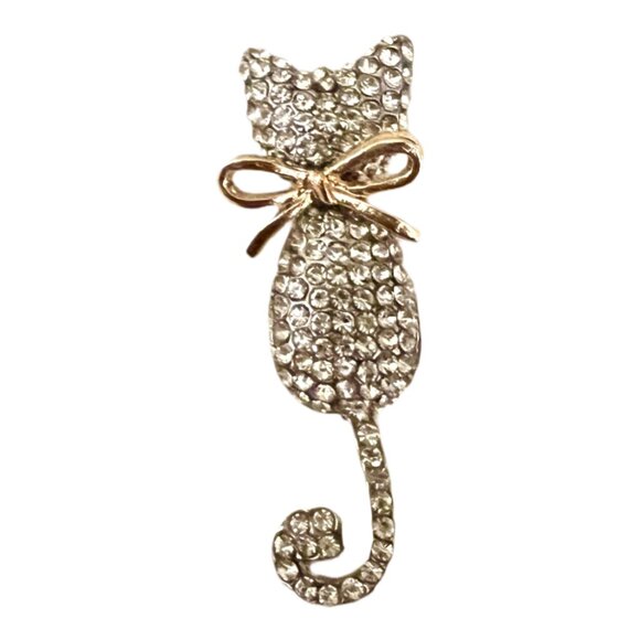 🧷🐈🎀Vintage Silver Cat with Gold Bow Brooch/Pin - Picture 1 of 4